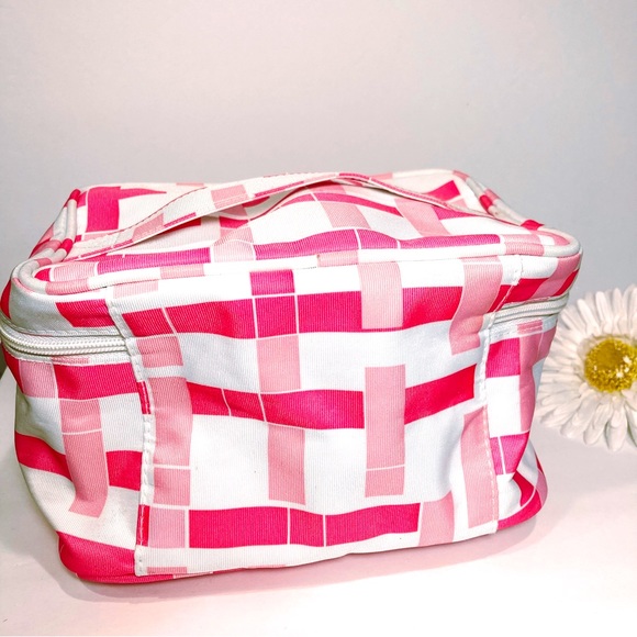Clinique Limited Edition Pink Plaid White Travel Cosmetic Bag Zips Handle NWOT - Picture 2 of 7